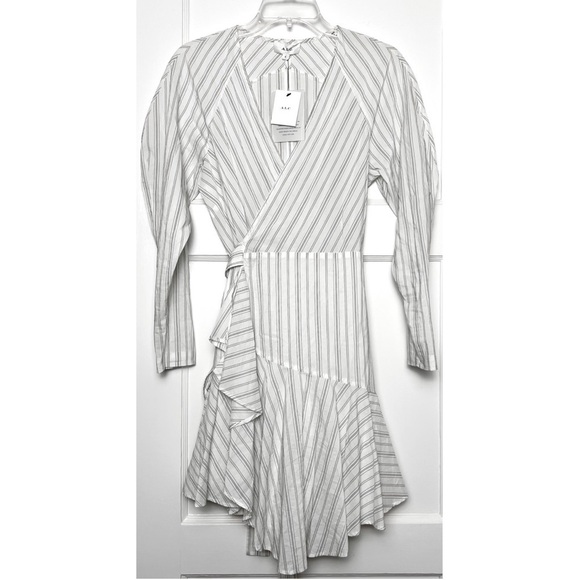 NWT ALC Striped Cotton Silk Blend Puff Long Sleeve Ruffle Hem Wrap Waist Dress 6 - Picture 5 of 12